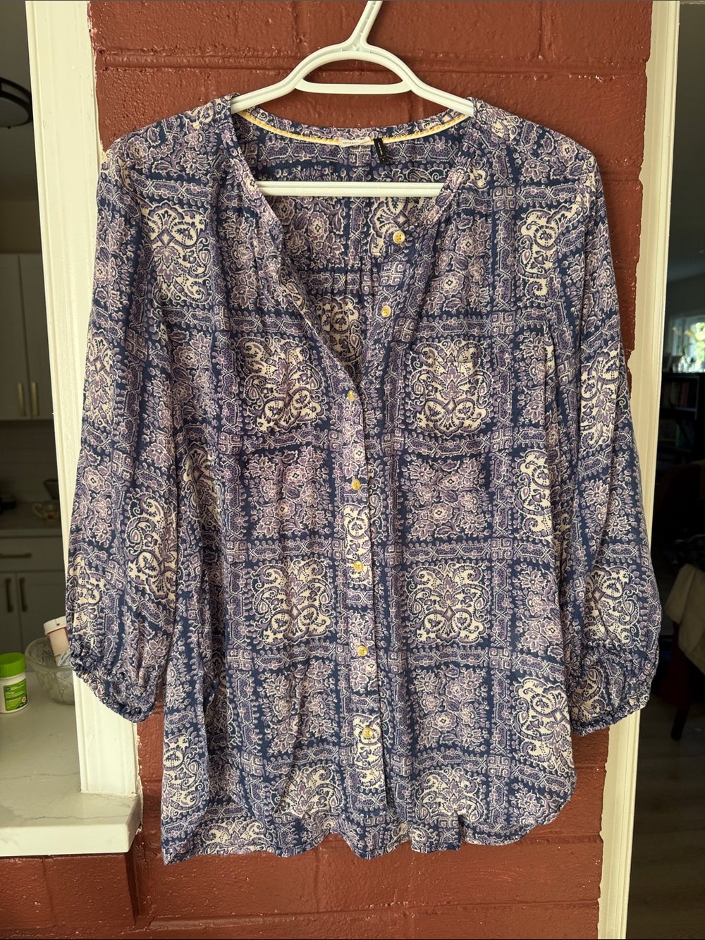 Anthropologie Boho Paisley Purple, Navy, and Cream Button Front Blouse Small